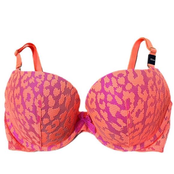 Victoria’s Secret Very Sexy PADDED DEMI Thick Padding lace bra orange pink 32DD - Picture 2 of 4